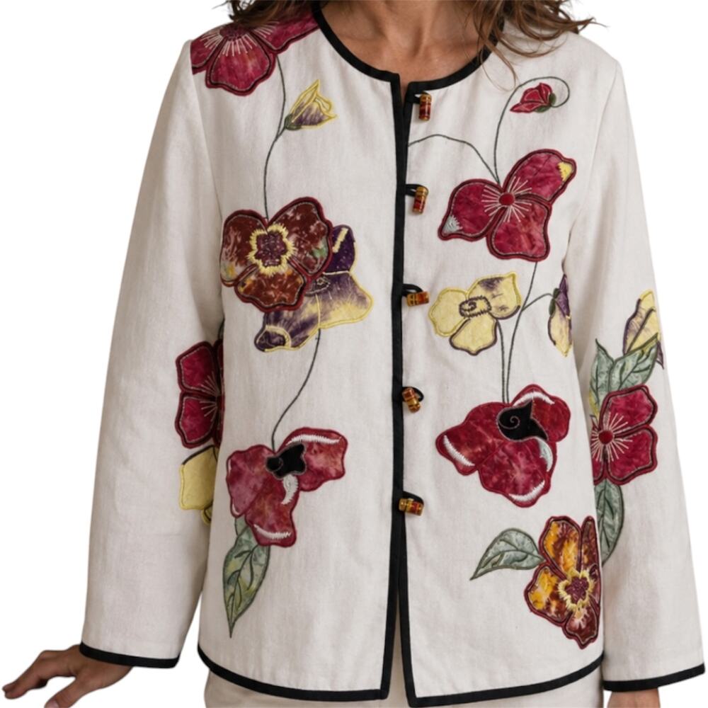 Vintage Allure Flax Jacket Art to Wear Floral Applique Embroidered White S